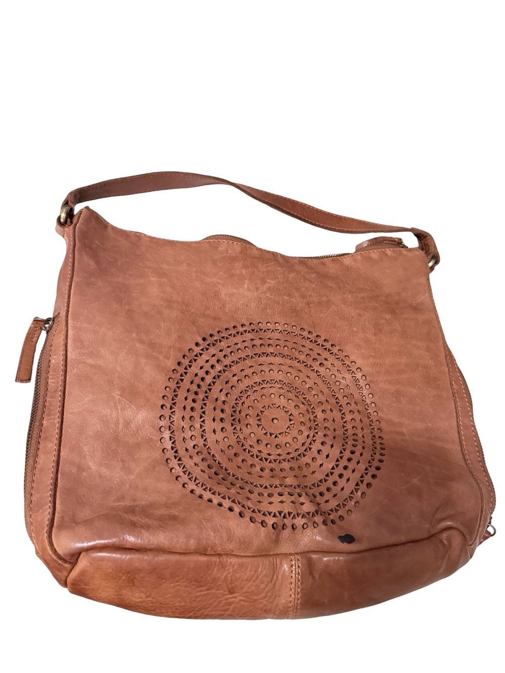 Leather Shoulder/ Crossbody Bag in Cognac Brown - Classic Circle-Detail Tote
